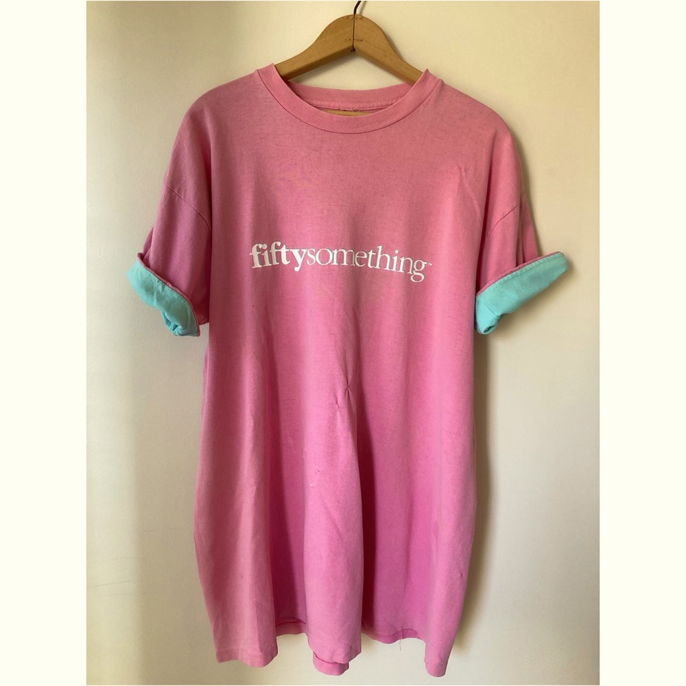 Vintage 80s fifty something long pink/ peak a boo mint sleeves tee